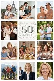 Jubiliejinio gimtadienio nuotraukų koliažas iš asmeninio gyvenimo ir brangiausių prisiminimų.